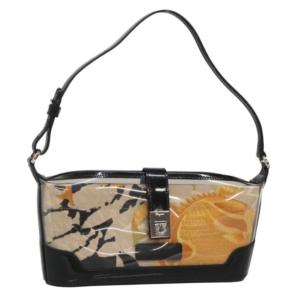 Salvatore Ferragamo Gancini Shoulder Bag Vinyl Black Beige Silver Auth 134739 - Picture 1 of 16